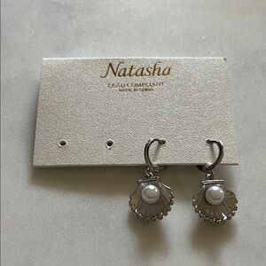 Natasha Couture Silver Shell Drop Earrings with White Pearls